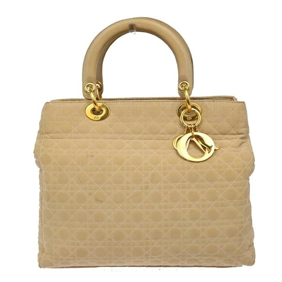 CHRISTIAN DIOR Lady Cannage Tote Hand Bag Nylon Leather Beige GHW Italy 82EF879 - Picture 1 of 16